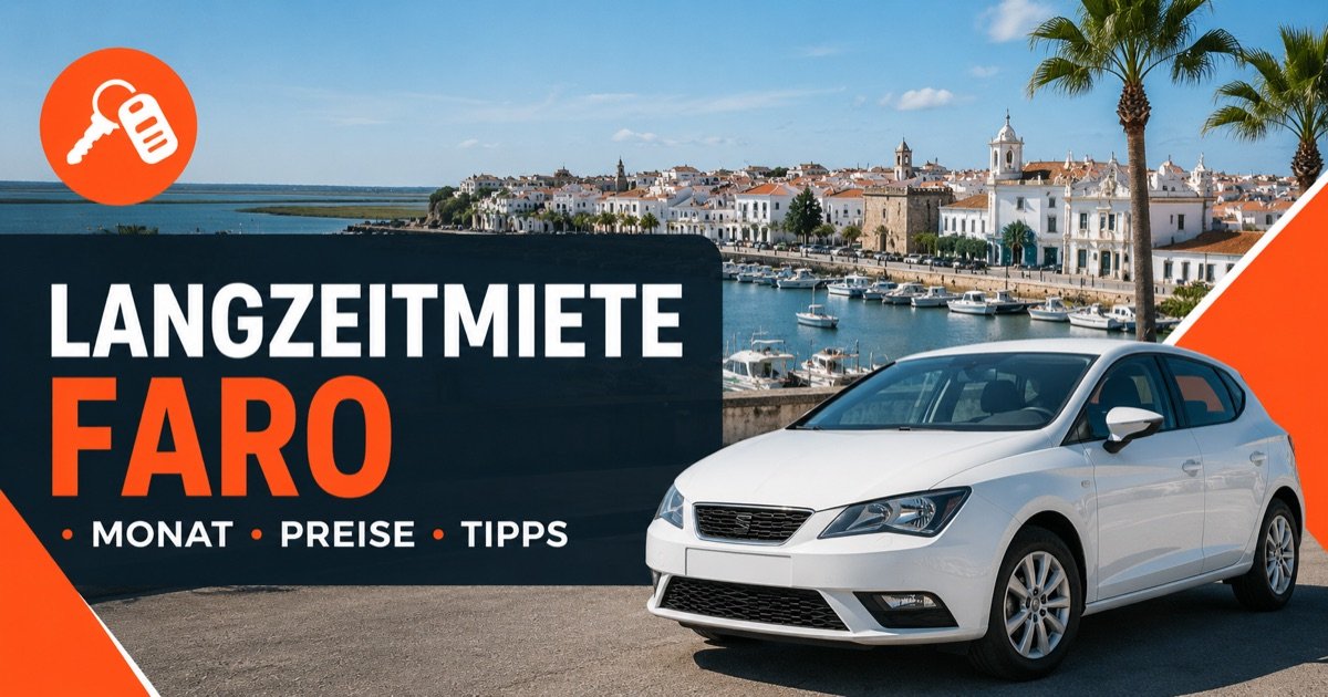 Langzeitmiete eines Autos in Faro — Marina und Altstadt an der Ria Formosa, mit weissem Mietwagen und orangem Autoschluessel-Symbol