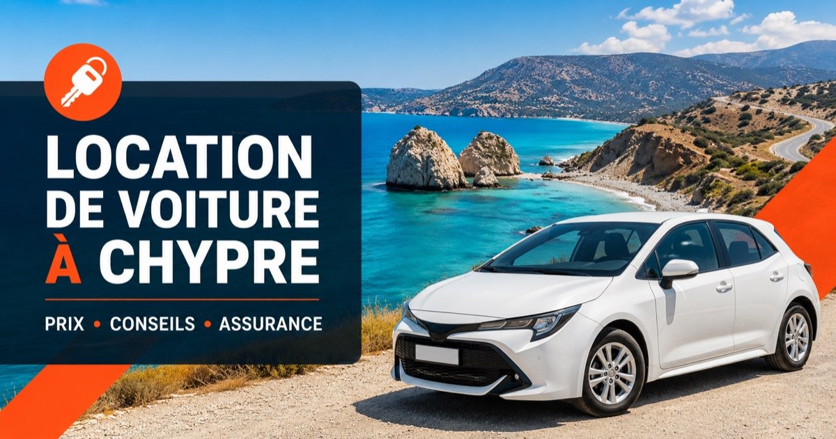Location de voiture a Chypre — Rocher d'Aphrodite et mer turquoise, avec une voiture blanche et une icone orange de cle