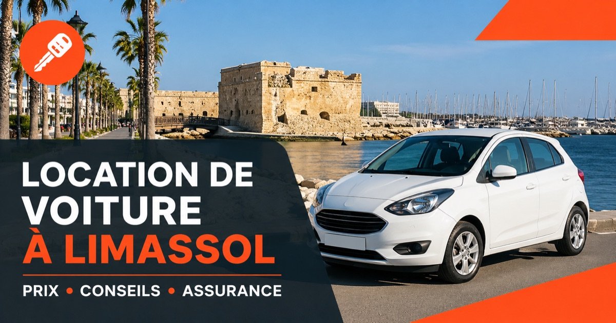 Location de voiture a Limassol — marina et vieux chateau, avec une voiture blanche et une icone orange de cle