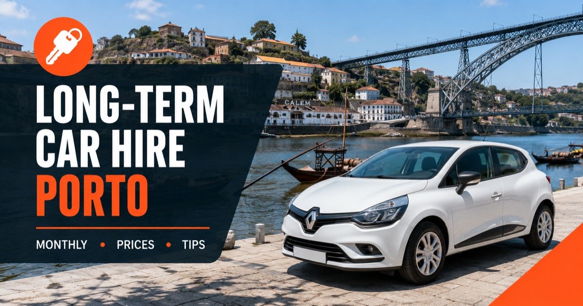 Long-term car hire in Porto — Douro river, rabelo boats and Dom Luis bridge, with a white rental car and an orange car-key icon
