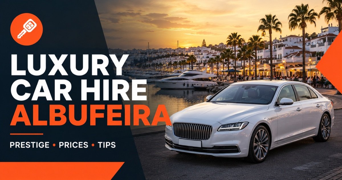 Luxury Car Hire Albufeira - local scene with a white rental car and an orange car-key icon