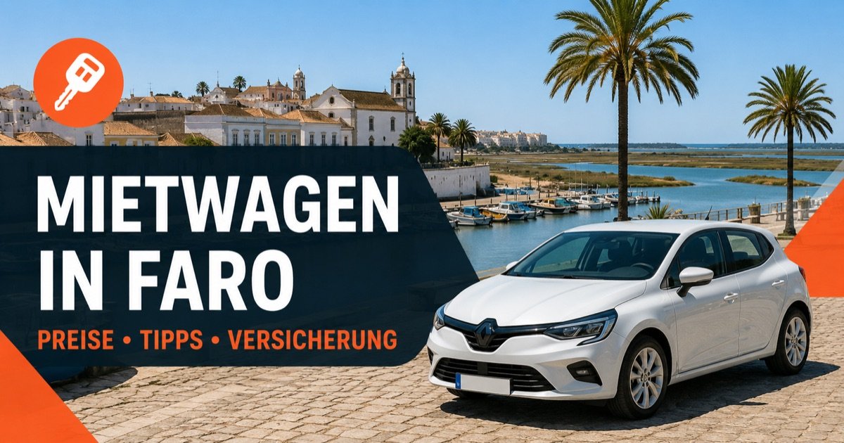 Drive4Fun Mietwagen in Faro — Altstadt, Marina und Ria Formosa, mit weissem Mietwagen und orangem Autoschluessel-Symbol