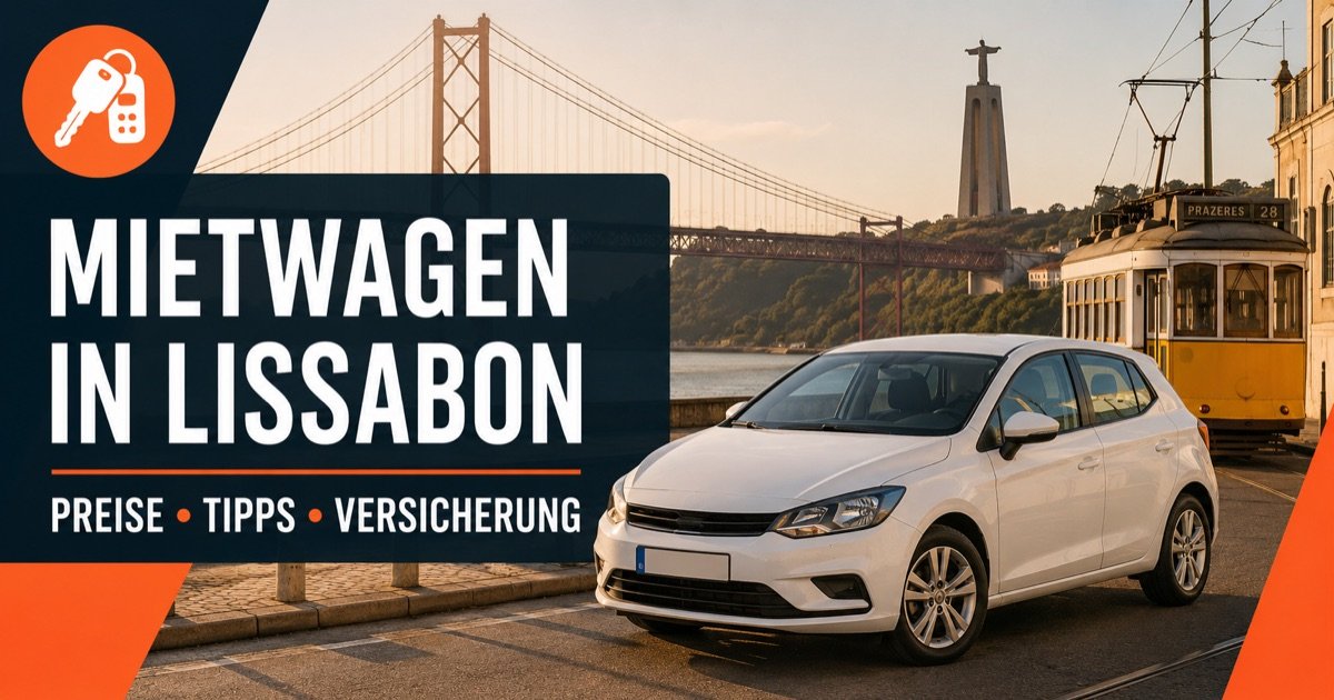 Drive on Holidays Mietwagen in Lissabon — Bruecke 25 de Abril ueber dem Tejo, mit weissem Mietwagen und orangem Autoschluessel-Symbol