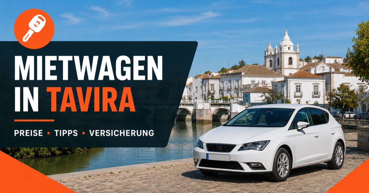 Autovermietung in Tavira — Altstadt mit roemischer Bruecke ueber den Gilao, mit weissem Mietwagen und orangem Autoschluessel-Symbol