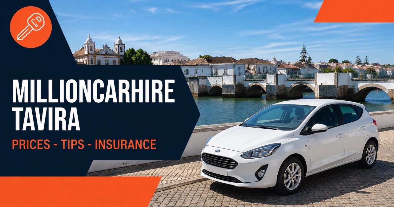 MILLIONCARHIRE TAVIRA — Tavira Algarve, white car and orange car-key icon