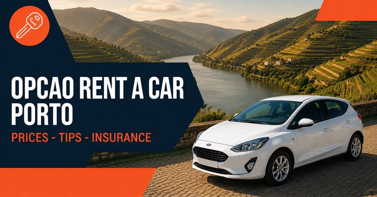 OPCAO RENT A CAR PORTO — Porto, white car and orange car-key icon
