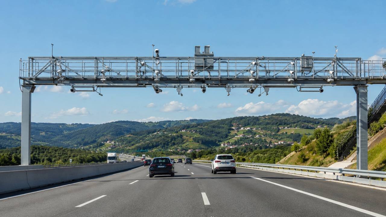 Electronic toll gantry over a Portuguese motorway with cars passing beneath