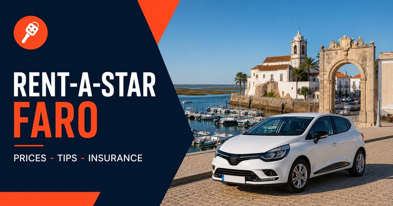 RENT-A-STAR FARO — Faro Algarve, white car and orange car-key icon