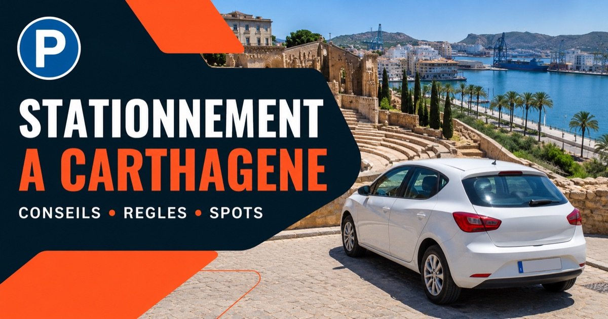 Stationnement a Carthagene (Cartagena), Espagne - scene du port avec une voiture et une icone P bleue de stationnement