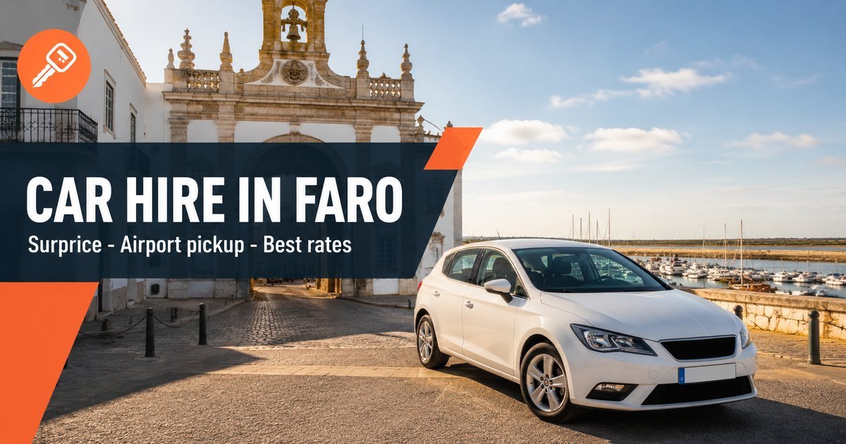 Surprice car hire in Faro with a white rental car by Faro old town arch and marina
