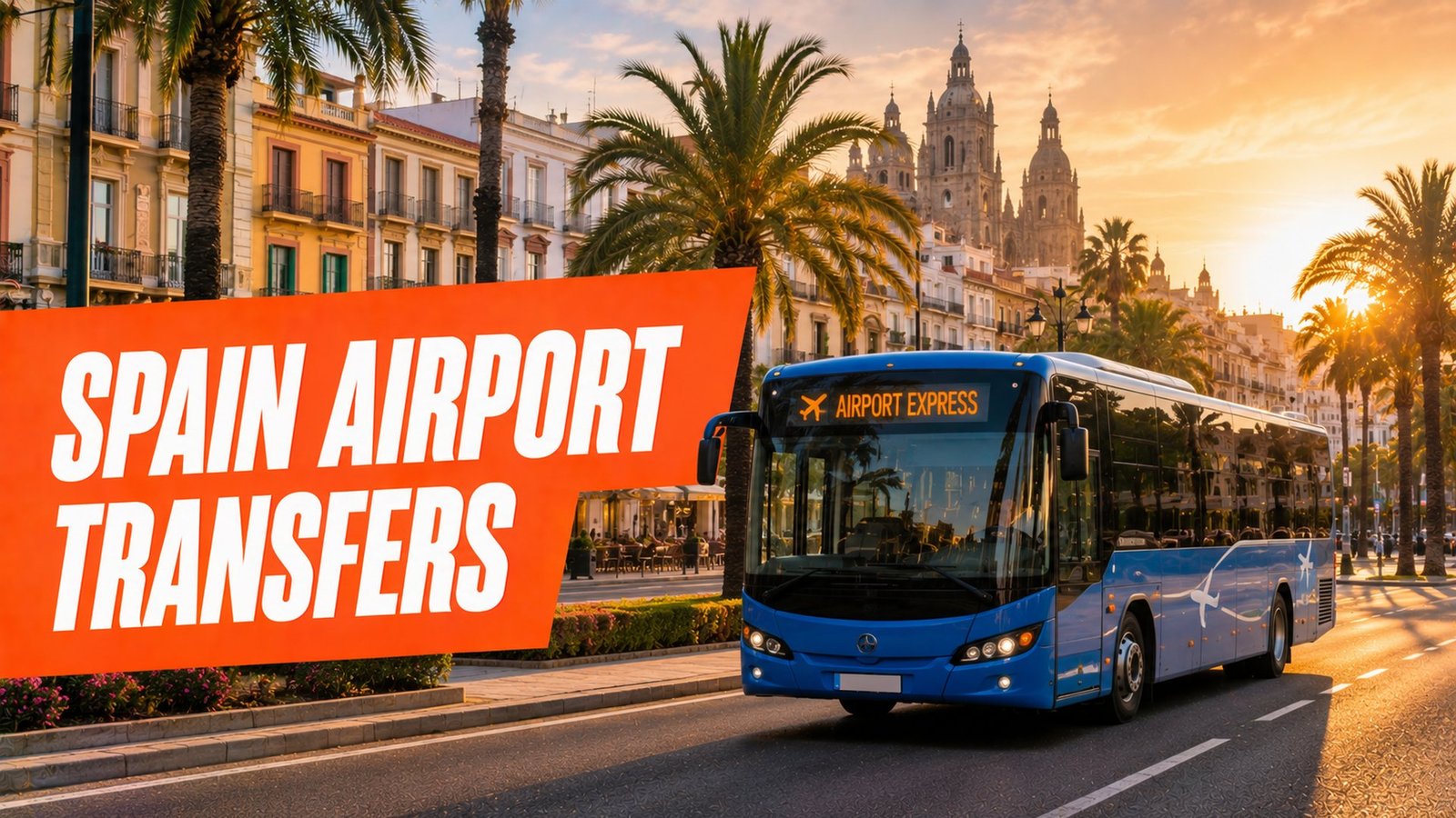 Spain airport transfers - shuttle bus on a palm boulevard