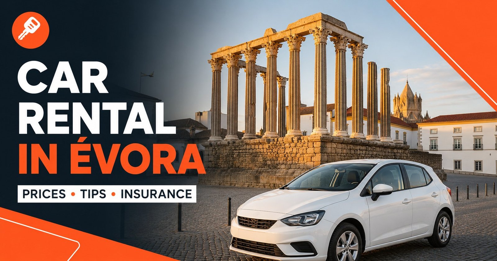 Car rental in Évora — Temple of Diana and rental car key visual