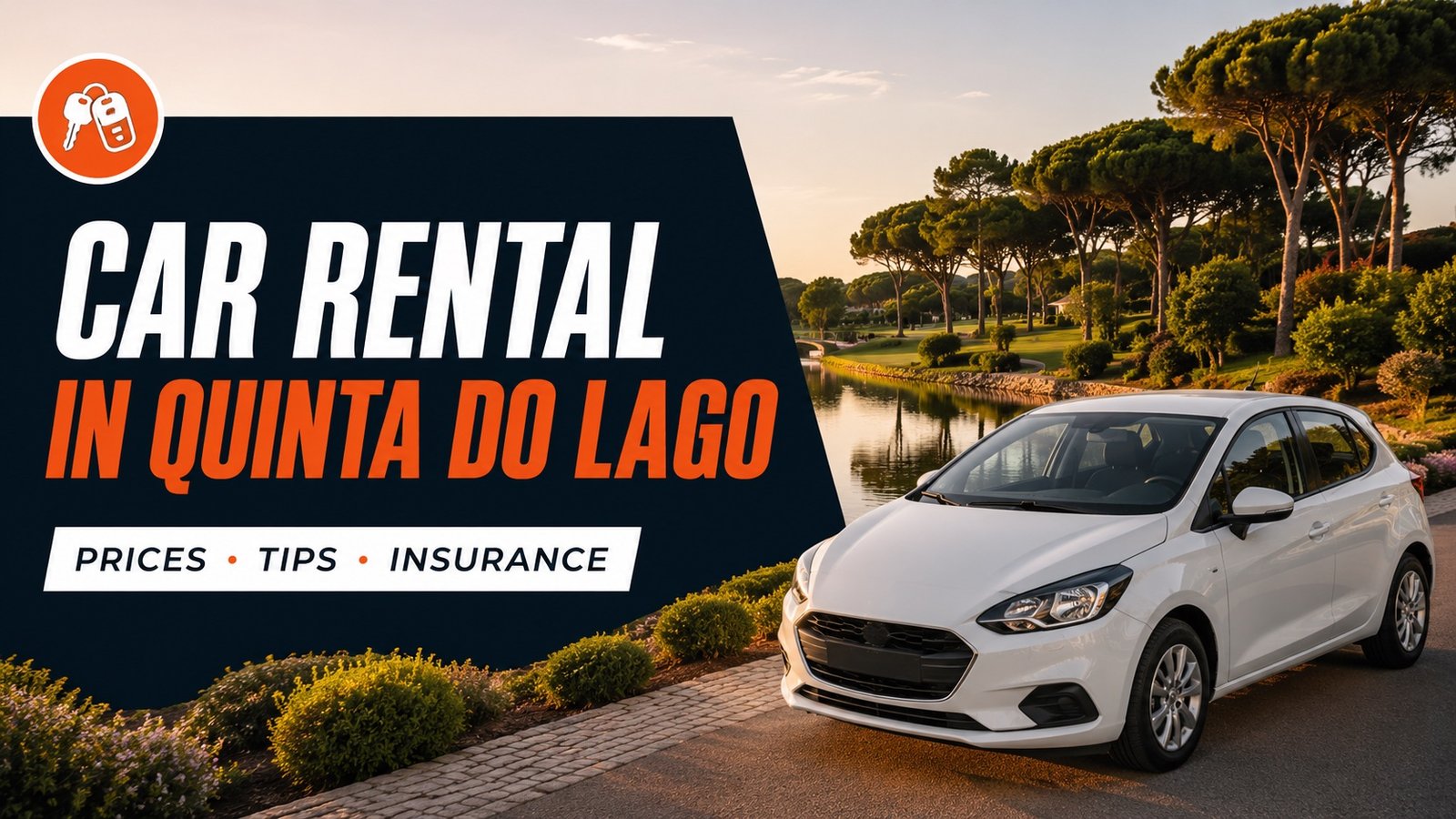 Car rental in Quinta do Lago — golf resort lake, umbrella pines and white rental car