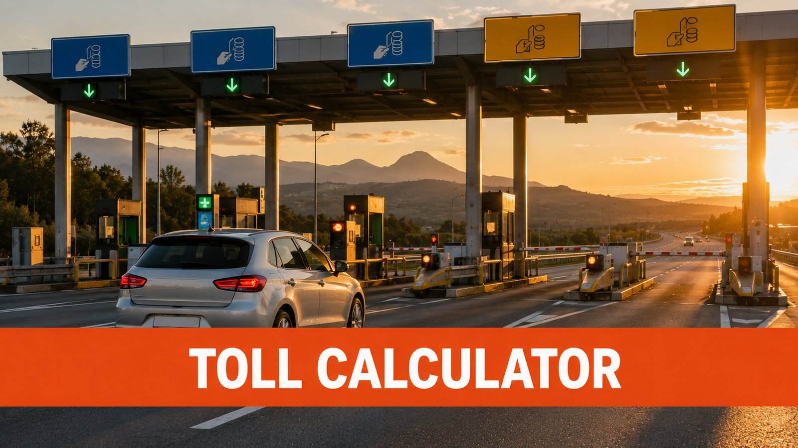 Motorway toll plaza barriers at sunset - European toll calculator