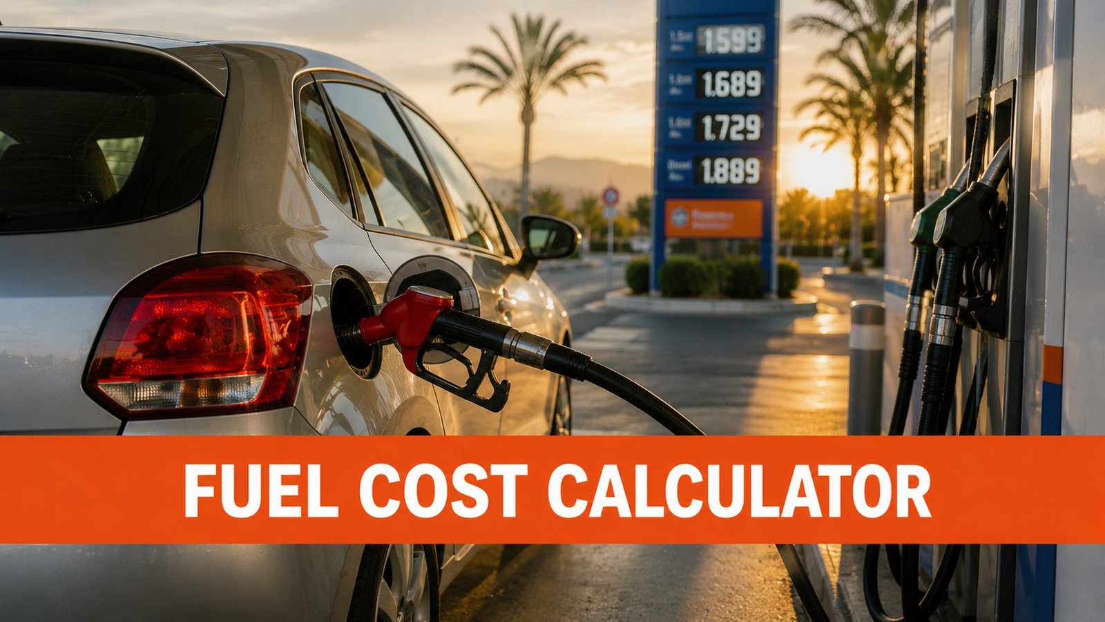 fuel cost calculator Refuelling a car at a petrol station with price board - fuel cost calculator