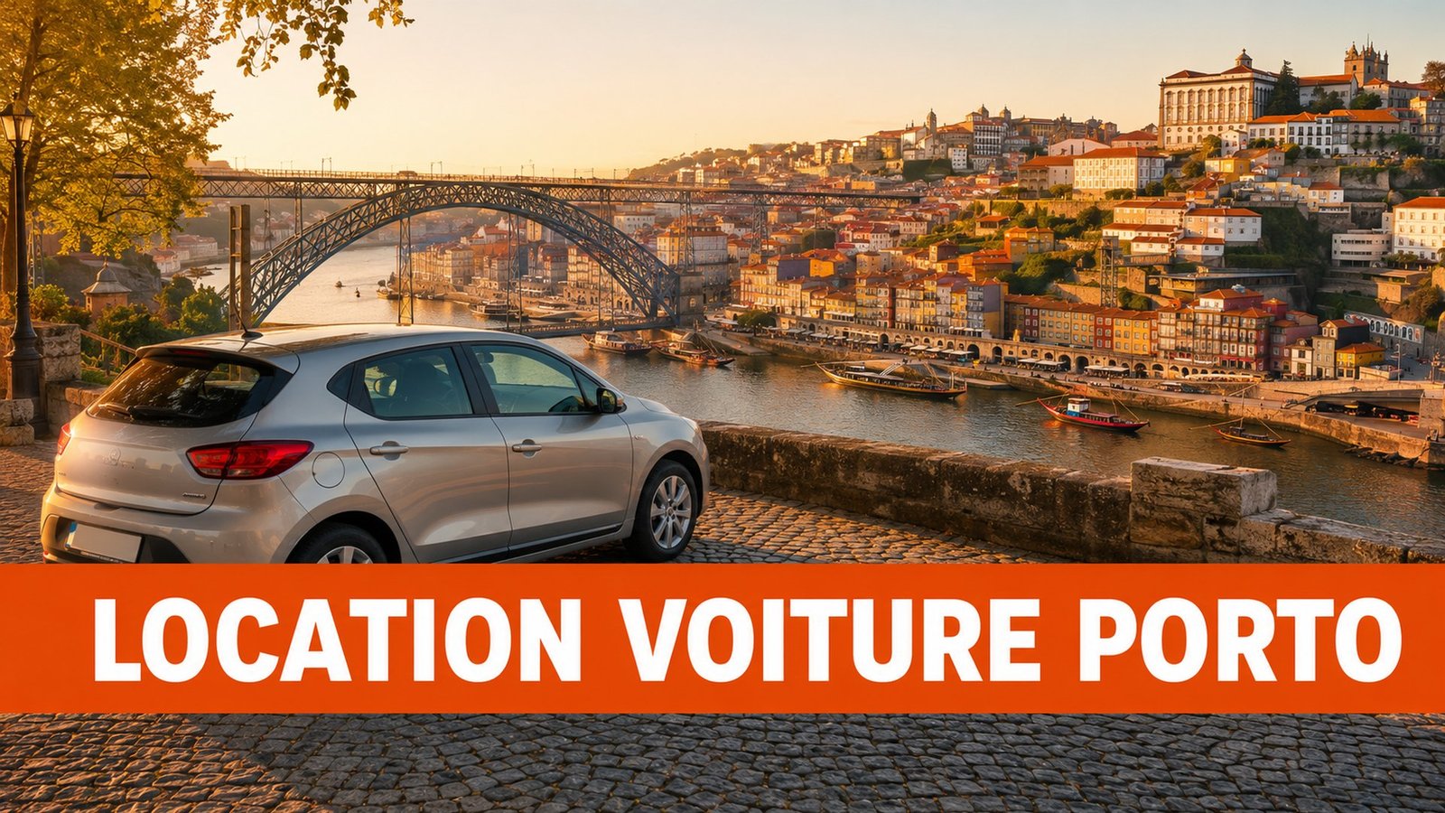 Location voiture Porto – pont Dom Luís et la Ribeira au coucher du soleil
