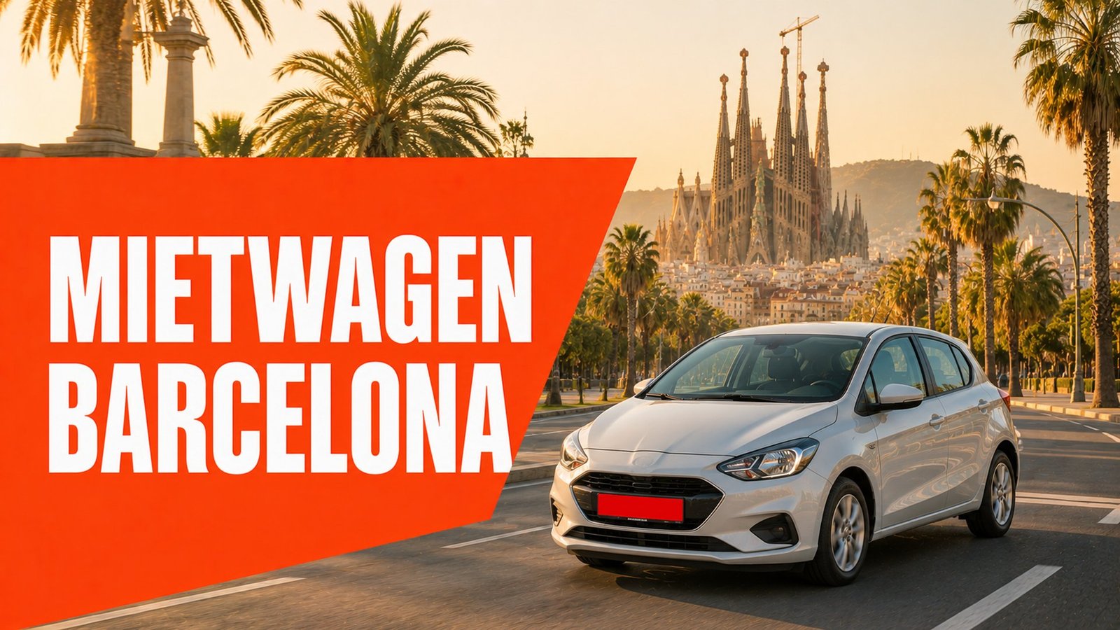 Mietwagen Barcelona – Mietwagen auf Palmenallee mit Barcelona-Skyline