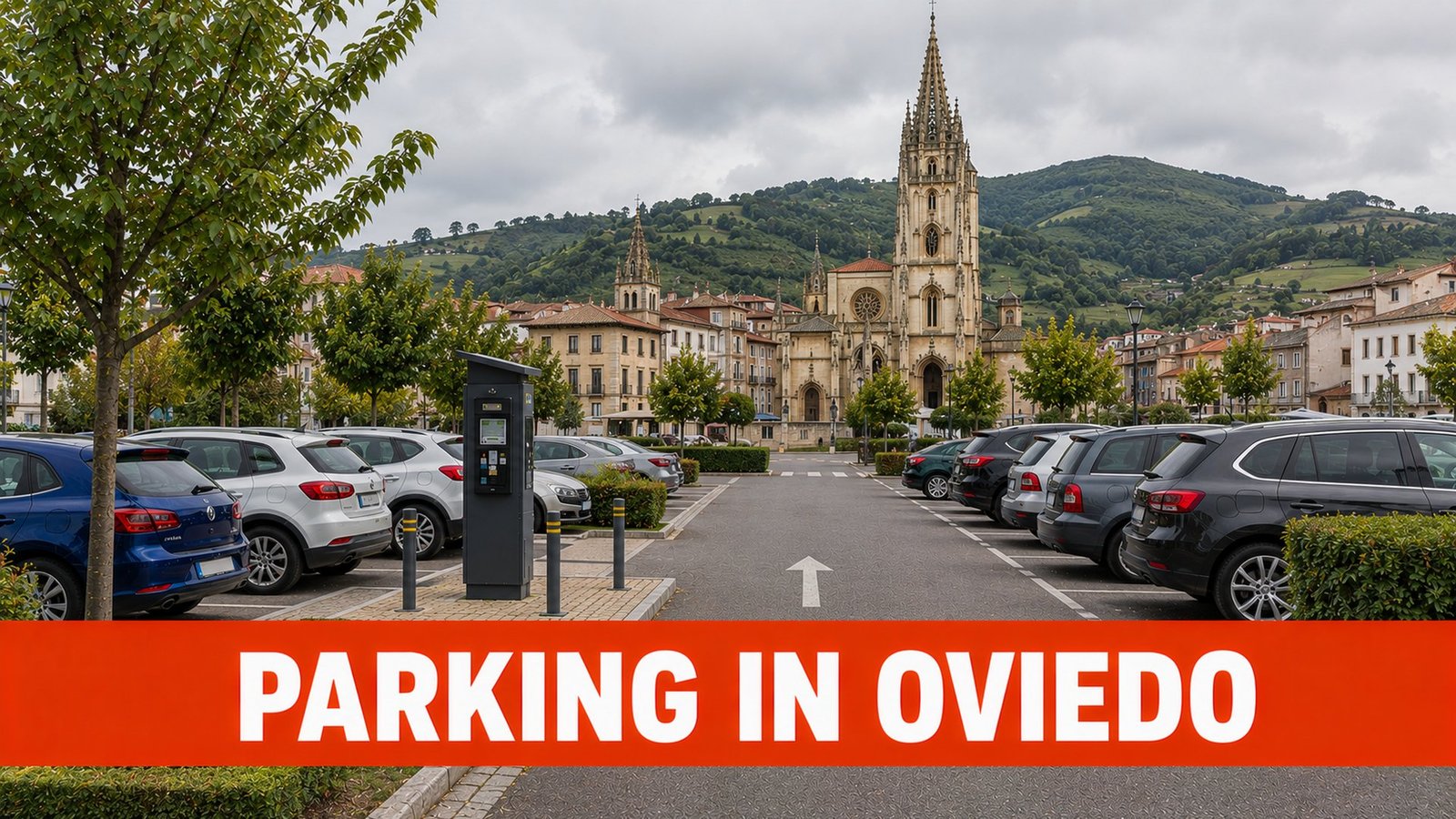 Car park in Oviedo with the cathedral in the background