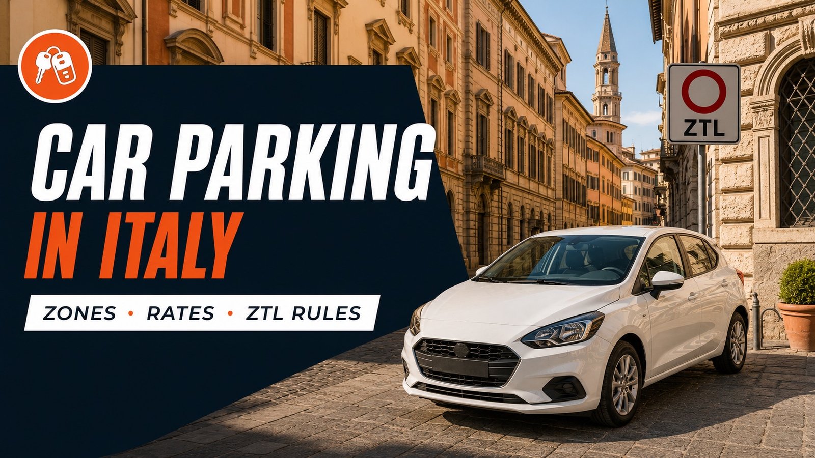 Parking in Italy — historic street with ZTL sign and rental car