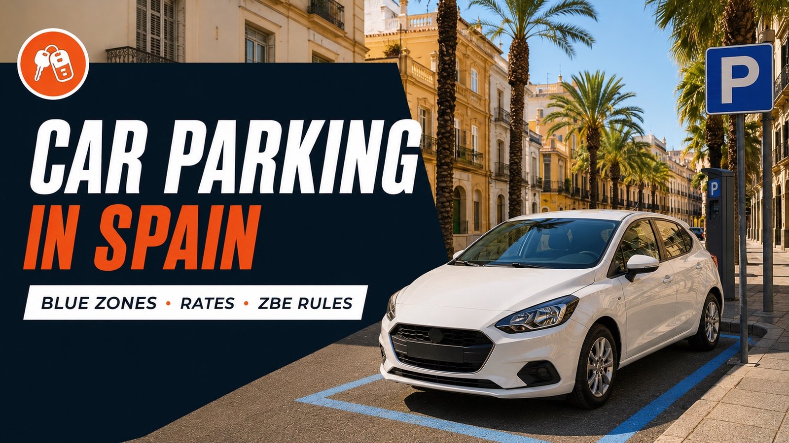 Parking in Spain — blue zone bays with palm trees