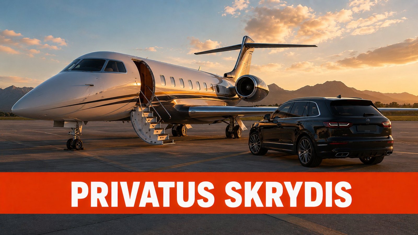 Privatus verslo lėktuvas ir prabangus visureigis oro uoste