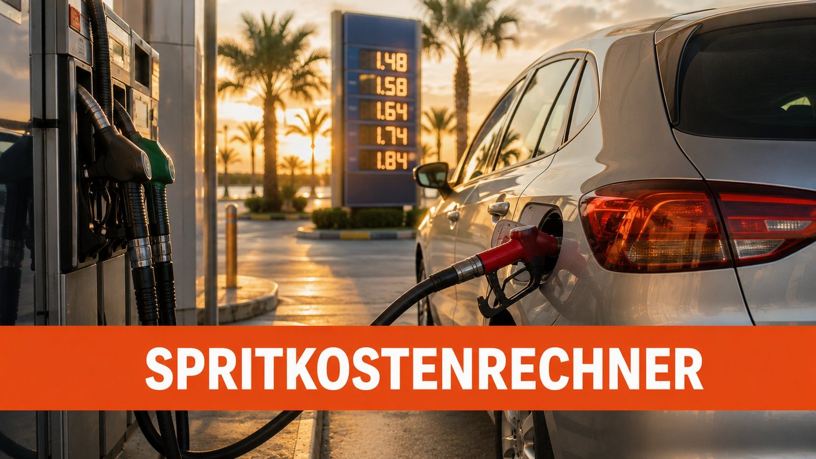 Auto tankt an einer Tankstelle mit Preistafel - Spritkostenrechner