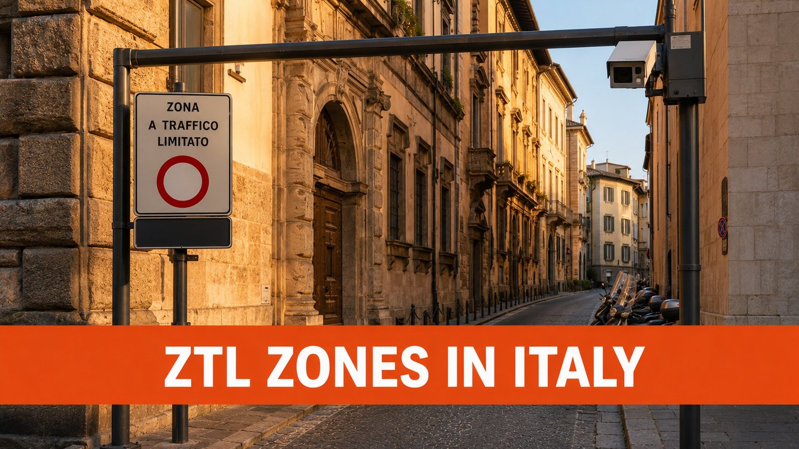 ztl zones italy ZTL camera gate with Zona a Traffico Limitato sign in an Italian historic centre