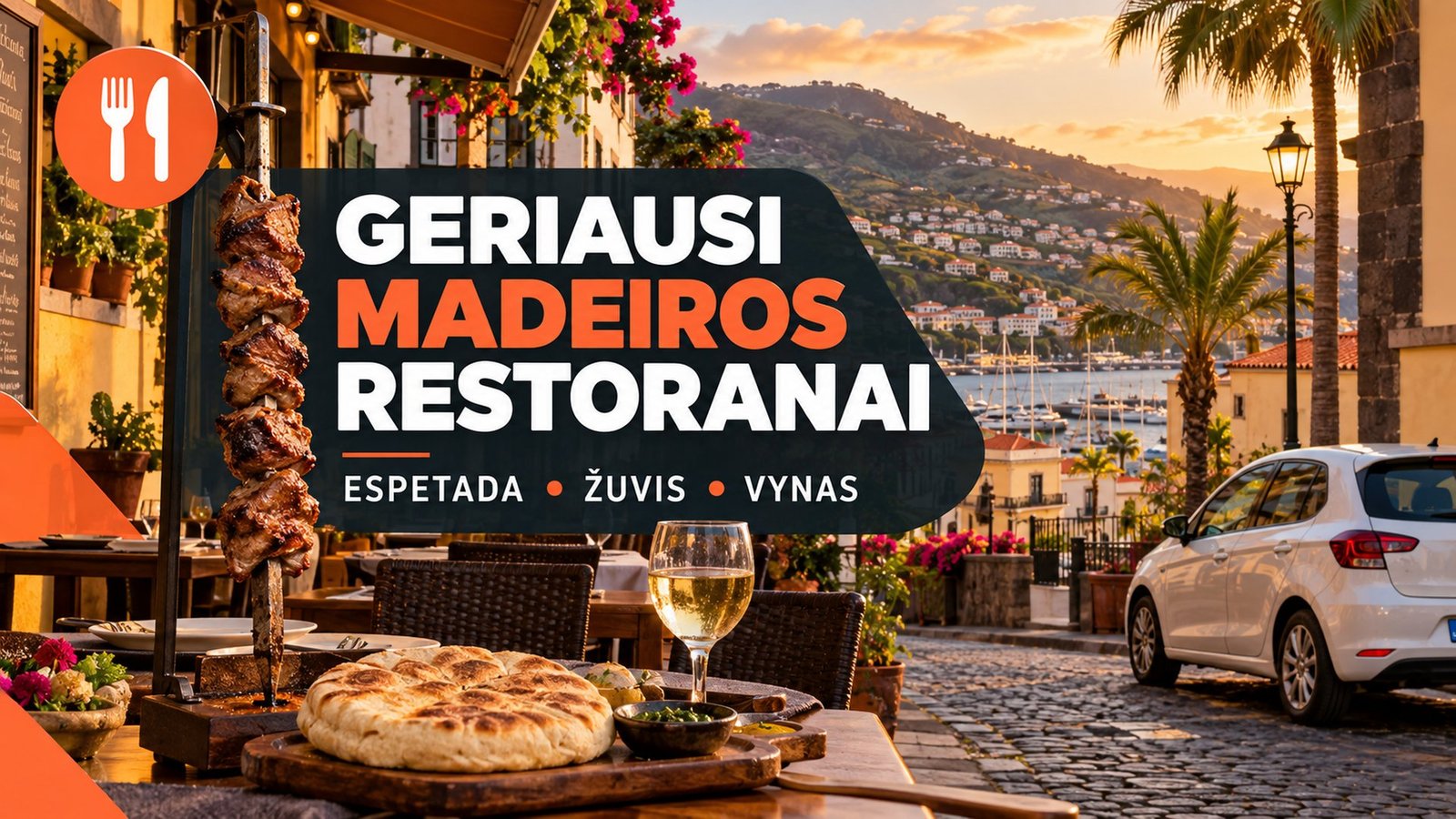 Geriausi Madeiros restoranai – terasa Funšalio senamiestyje su espetada ir bolo do caco