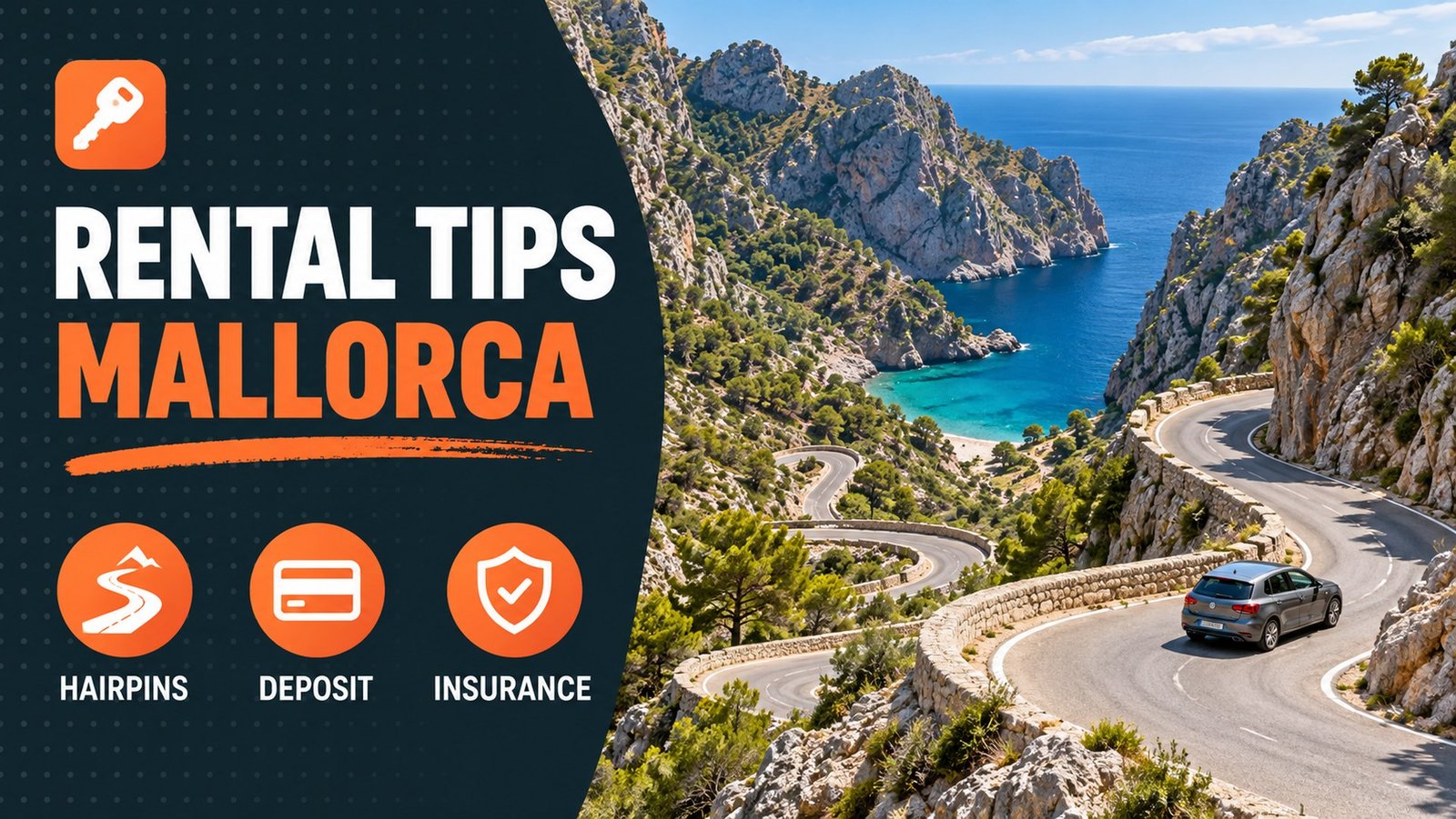 Tips on renting a car in Mallorca 2026 - Sa Calobra hairpin road above a turquoise cove, grey rental car, Auto Jardim rental tips banner