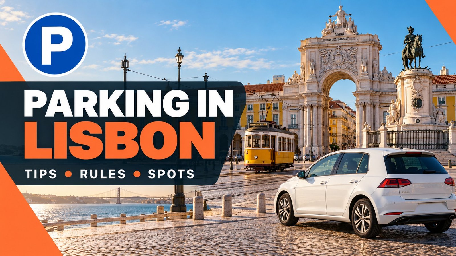 Parking in Lisbon – Praça do Comércio with the Rua Augusta arch and a tram