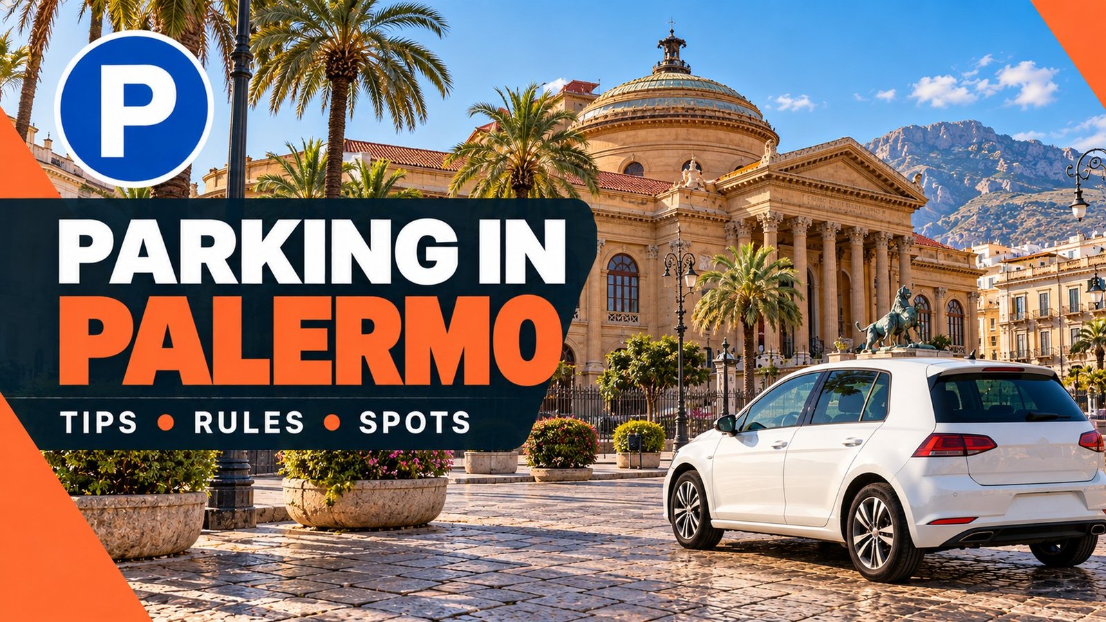 Parking in Palermo – Teatro Massimo with palm trees and Monte Pellegrino
