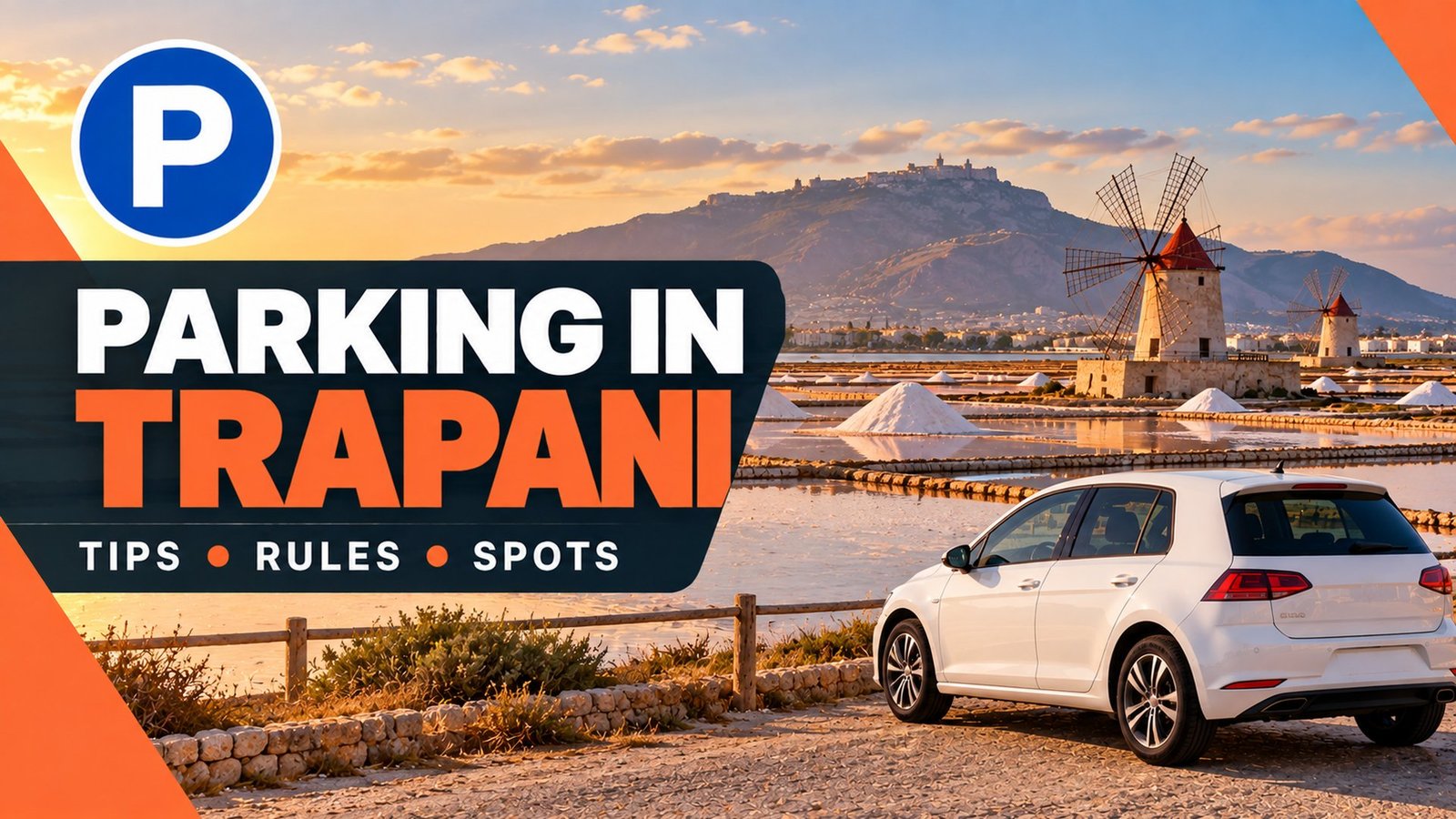 Parking in Trapani – salt pans and windmills with Erice in the background