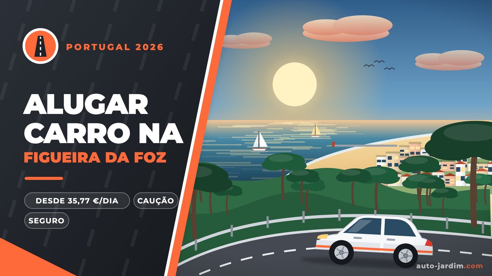 Ilustração de um carro na estrada da Serra da Boa Viagem com a praia e a cidade da Figueira da Foz ao fundo