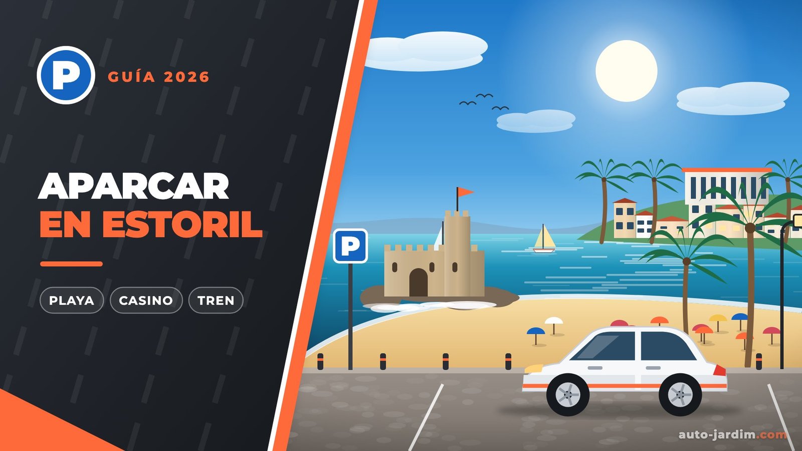 Aparcar en Estoril: ilustración de un coche blanco junto a la playa de Tamariz y el fuerte