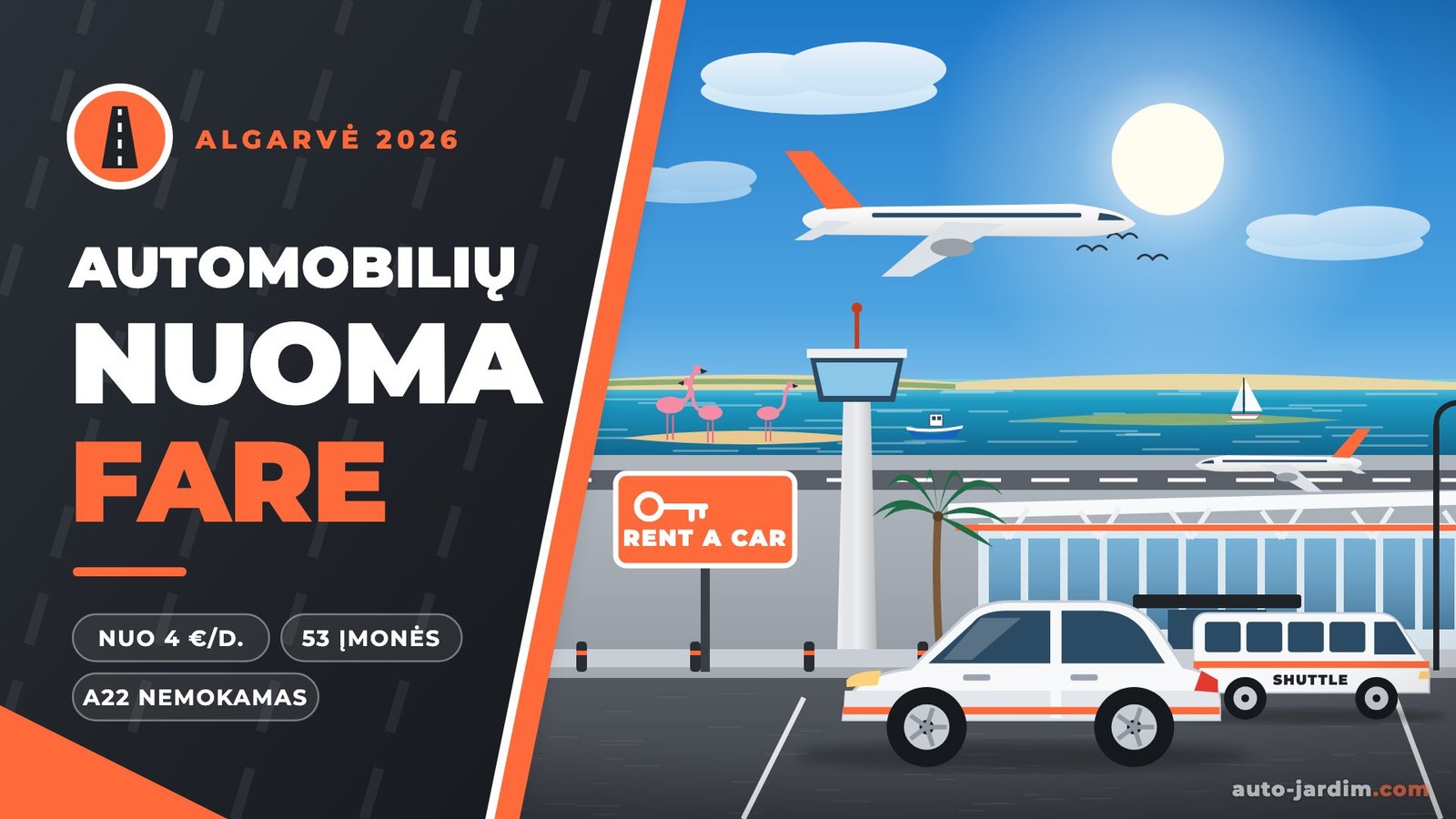 Automobilių nuoma Fare: iliustracija su Faro oro uosto terminalu, Ria Formosa lagūna, flamingais, nuomotu automobiliu ir autobusiuku