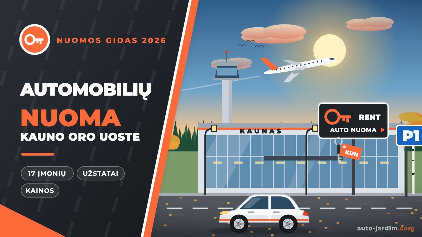 Automobilių nuoma Kauno oro uoste: iliustracija su oro uosto terminalu, kylančiu lėktuvu, nuomos ženklu ir baltu nuomotu automobiliu