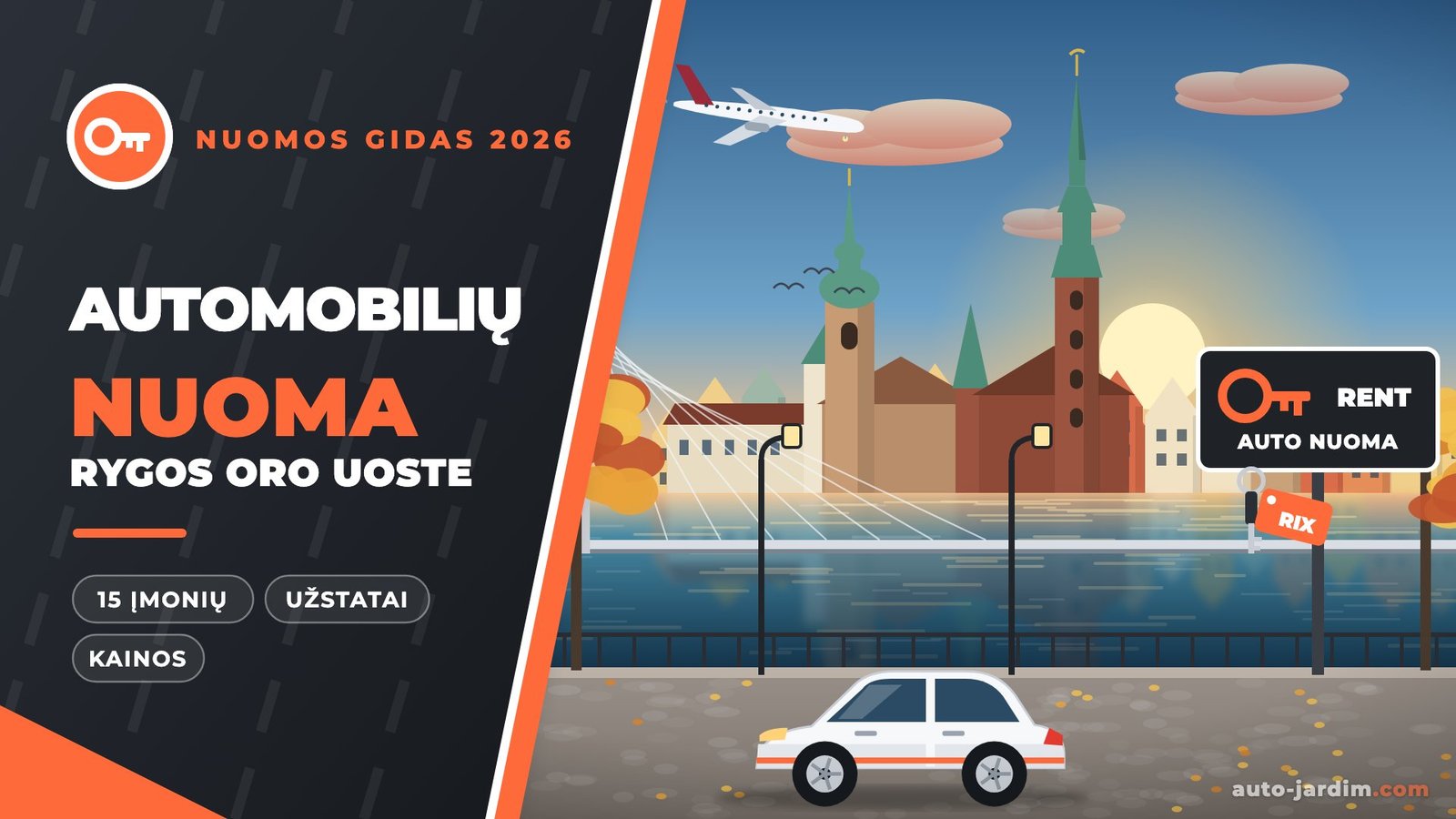 Automobilių nuoma Rygos oro uoste: iliustracija su Rygos senamiesčiu prie Daugavos, Šv. Petro bažnyčios bokštu, Vanšu tiltu, leidžiančiu lėktuvu ir baltu nuomotu automobiliu