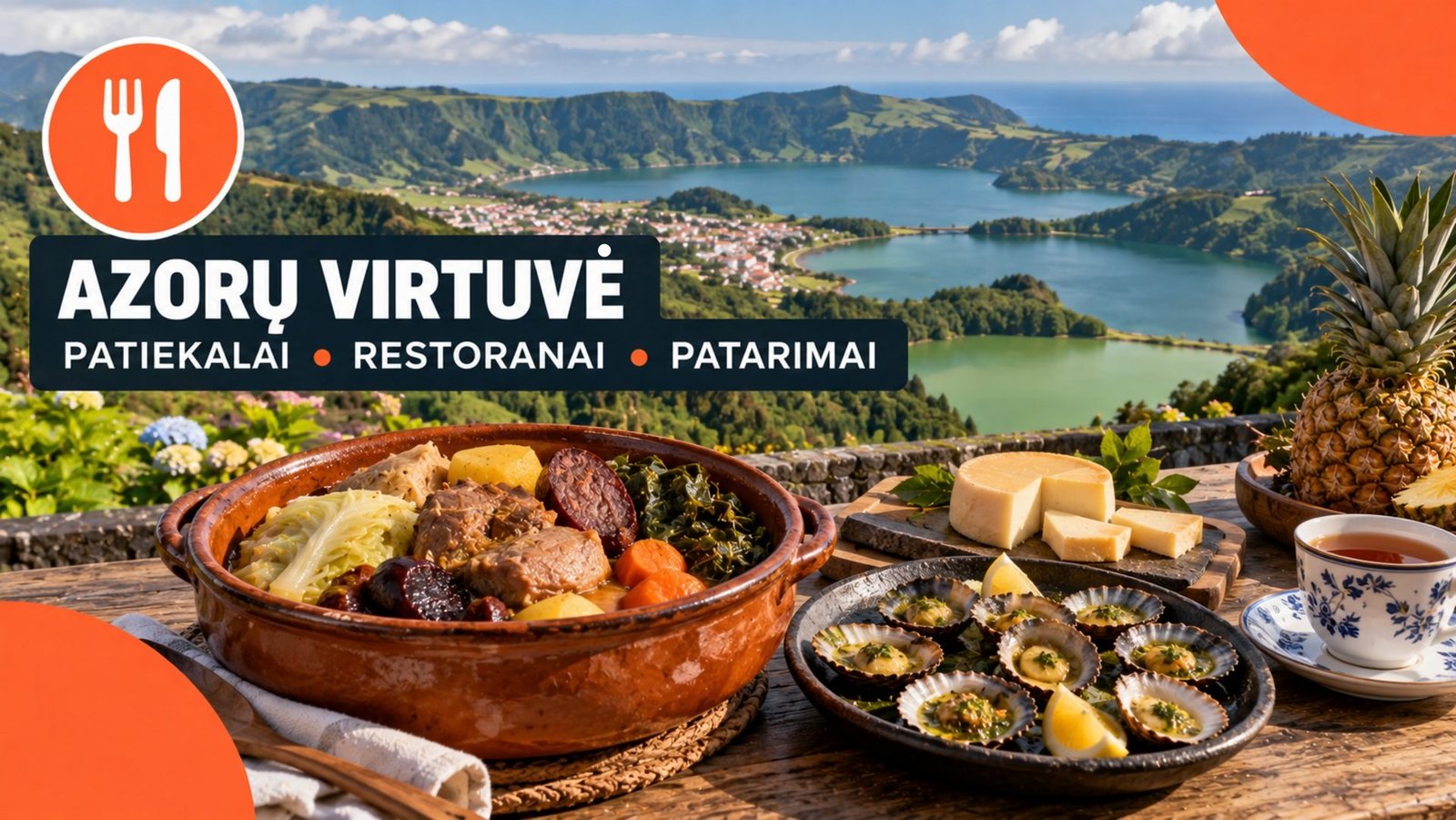 Azorų virtuvė – cozido troškinys, jūrinės lėkštutės, sūris ir ananasas San Migelio kraterių ežerų fone
