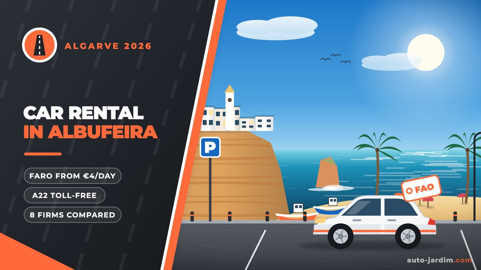Illustration of Albufeira old town on the ochre cliffs above Praia dos Pescadores with fishing boats and a rental car