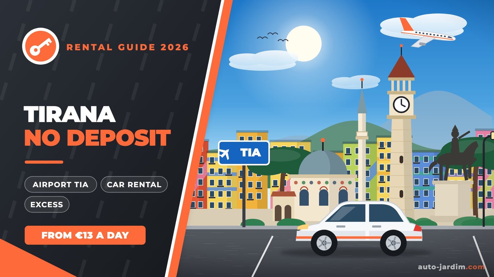 Car rental at Tirana Airport with no deposit: illustration of Skanderbeg Square with the Et’hem Bey Mosque, the Clock Tower and a rental car
