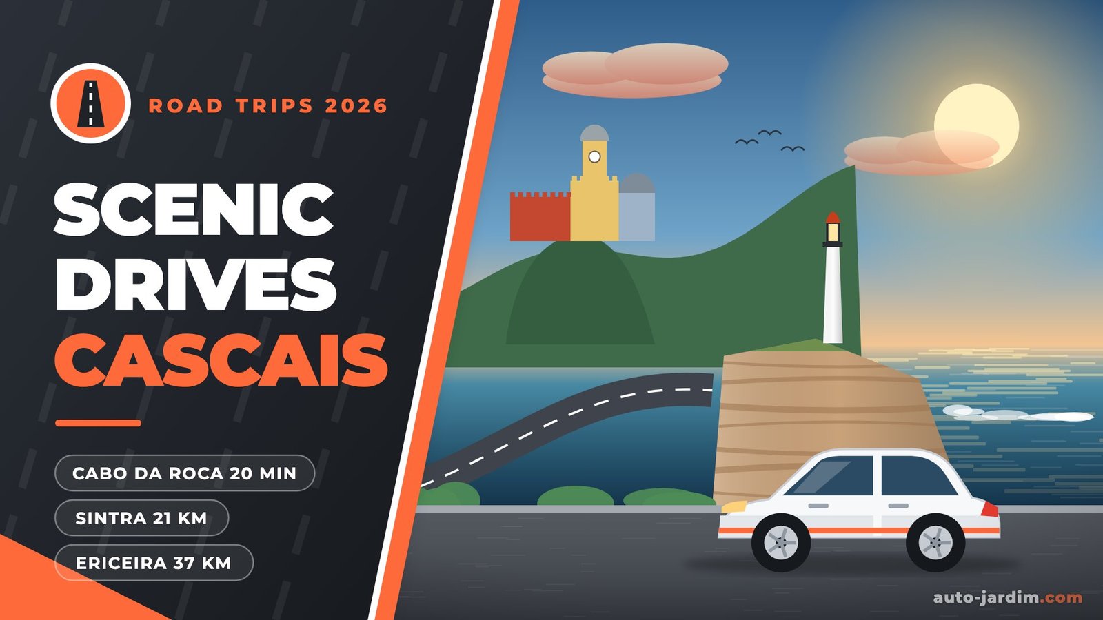 Scenic drives from Cascais 2026 – Pena Palace, Cabo da Roca lighthouse and coastal road illustration