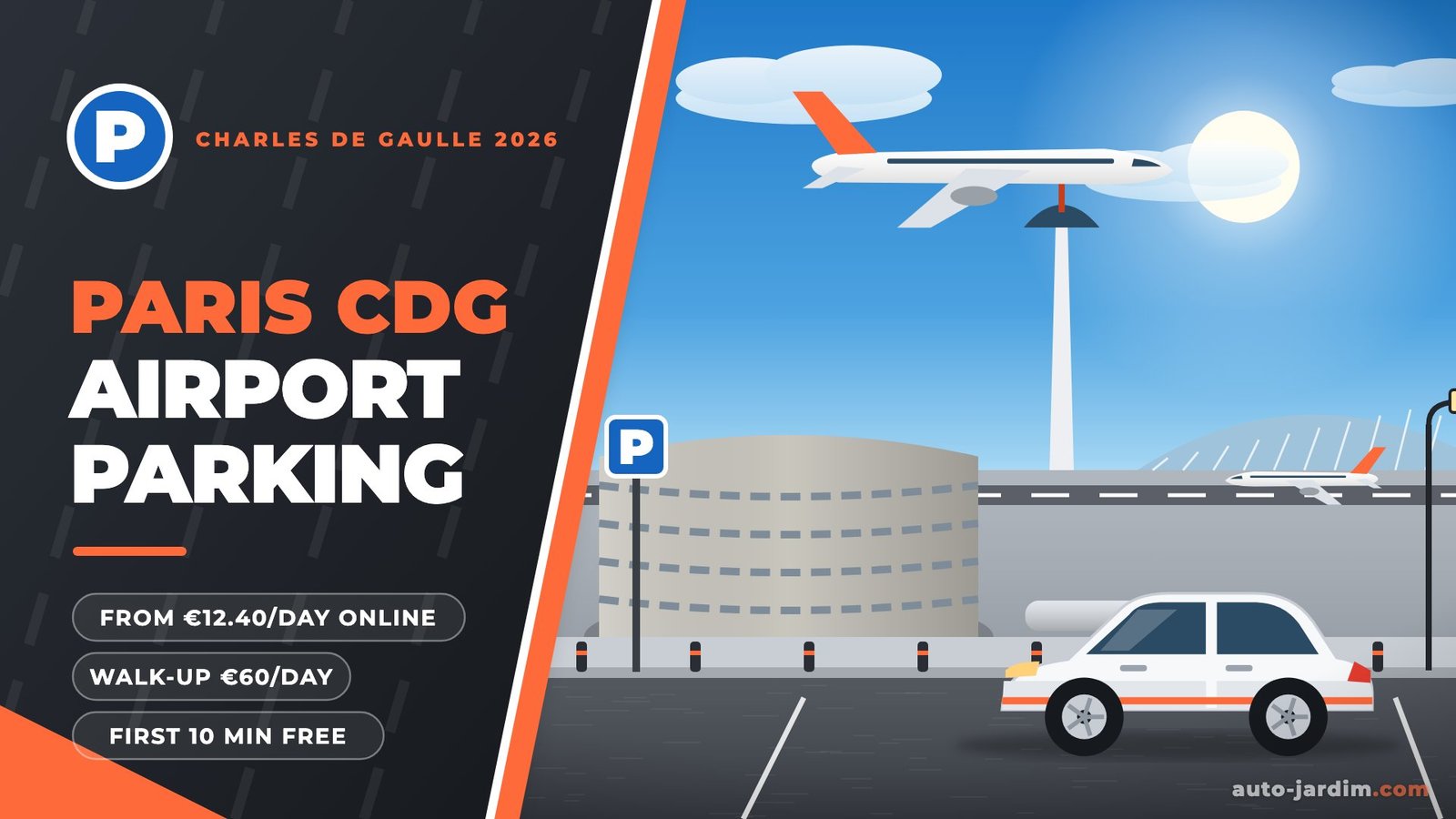 Illustration of Paris Charles de Gaulle Airport with the round Terminal 1 building, the control tower, Terminal 2 roof, planes and a parked car