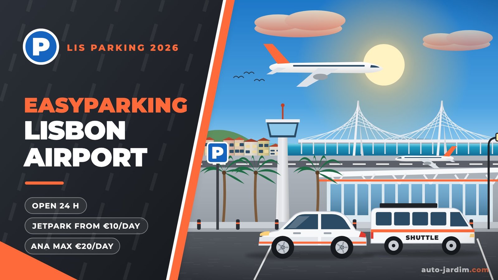 Illustration of Lisbon Airport with the control tower, the Vasco da Gama bridge and a car-park shuttle bus