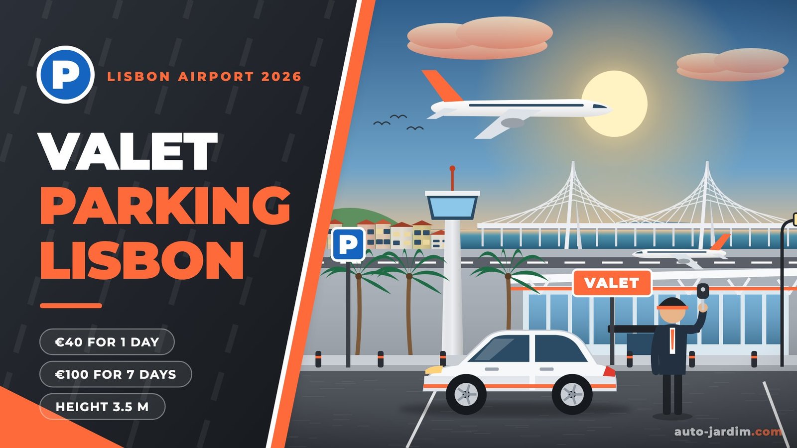EasyParking valet at Lisbon Airport 2026 – valet driver holding a car key at the terminal kerb illustration