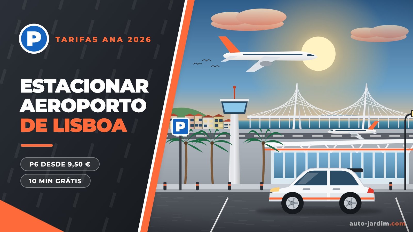 Ilustração do Aeroporto de Lisboa com torre de controlo, terminal, avião a descolar e a Ponte Vasco da Gama ao fundo