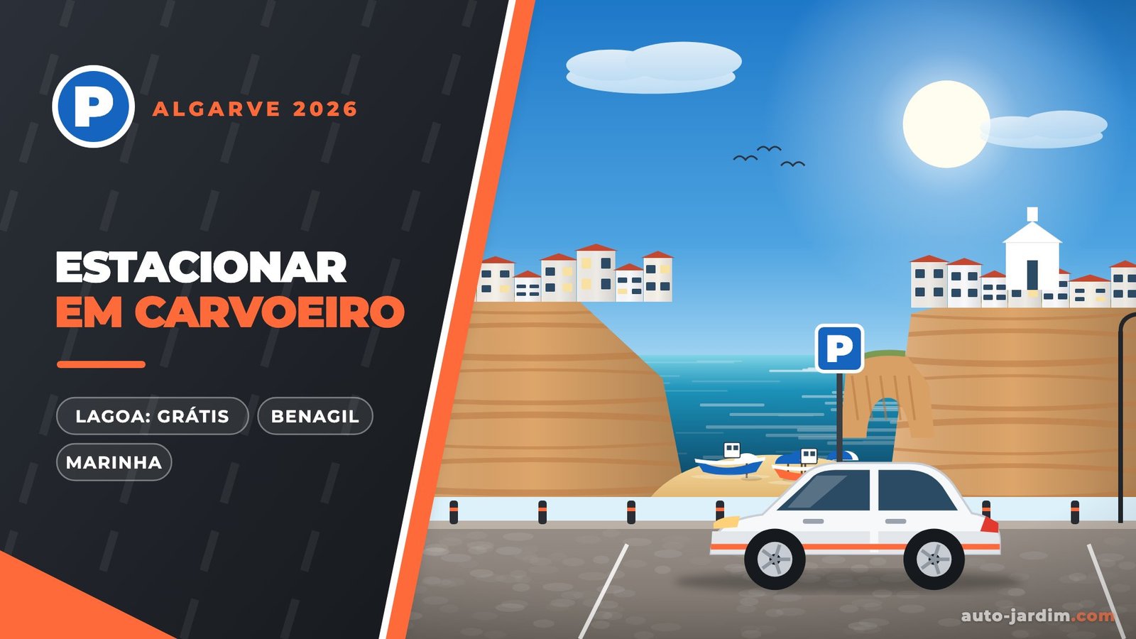Estacionamento em Carvoeiro 2026: casas brancas nas arribas, praia e rochas do Algar Seco