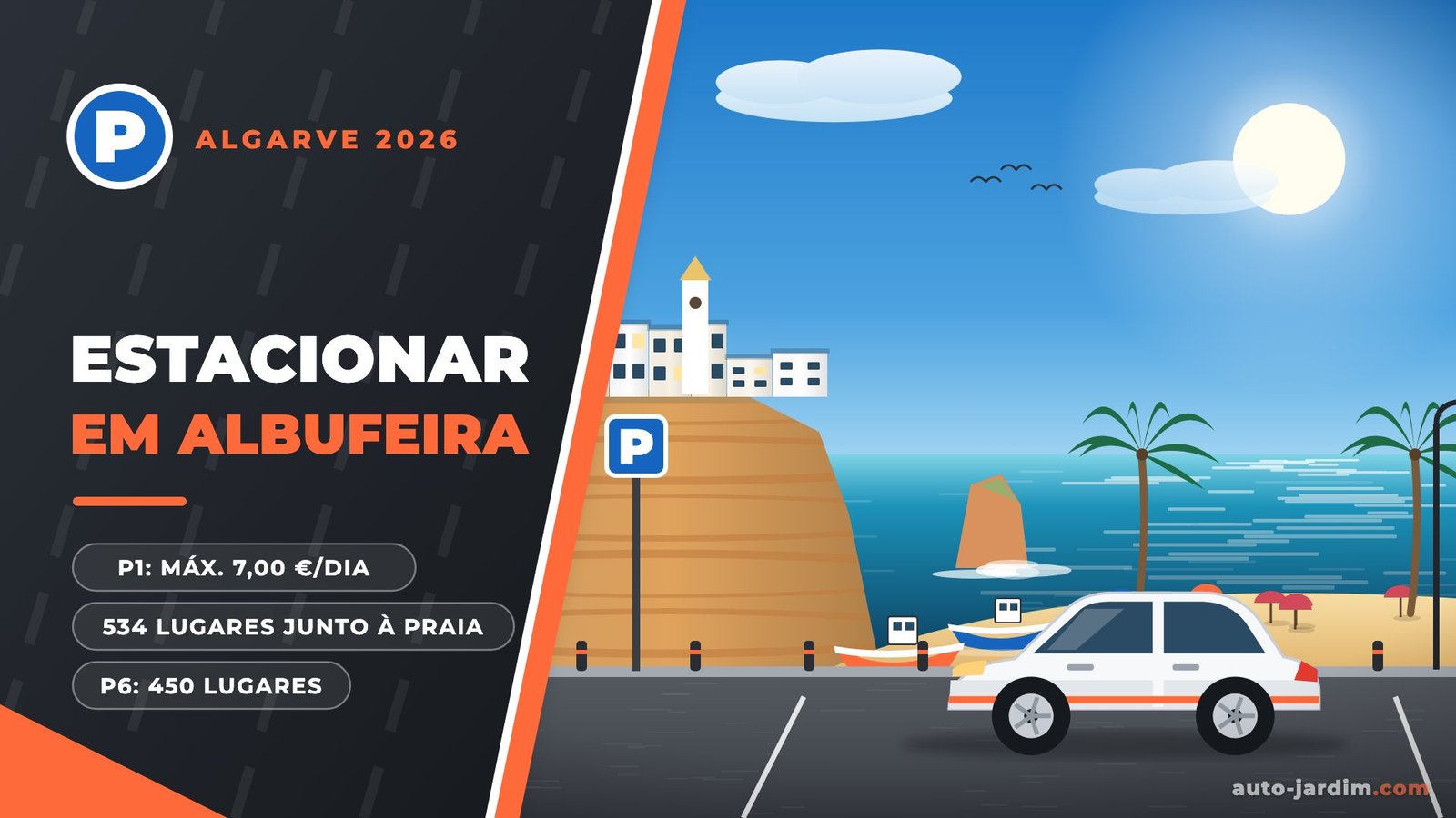 Ilustração de Albufeira com a cidade branca na falésia, a Praia dos Pescadores com barcos e um carro estacionado