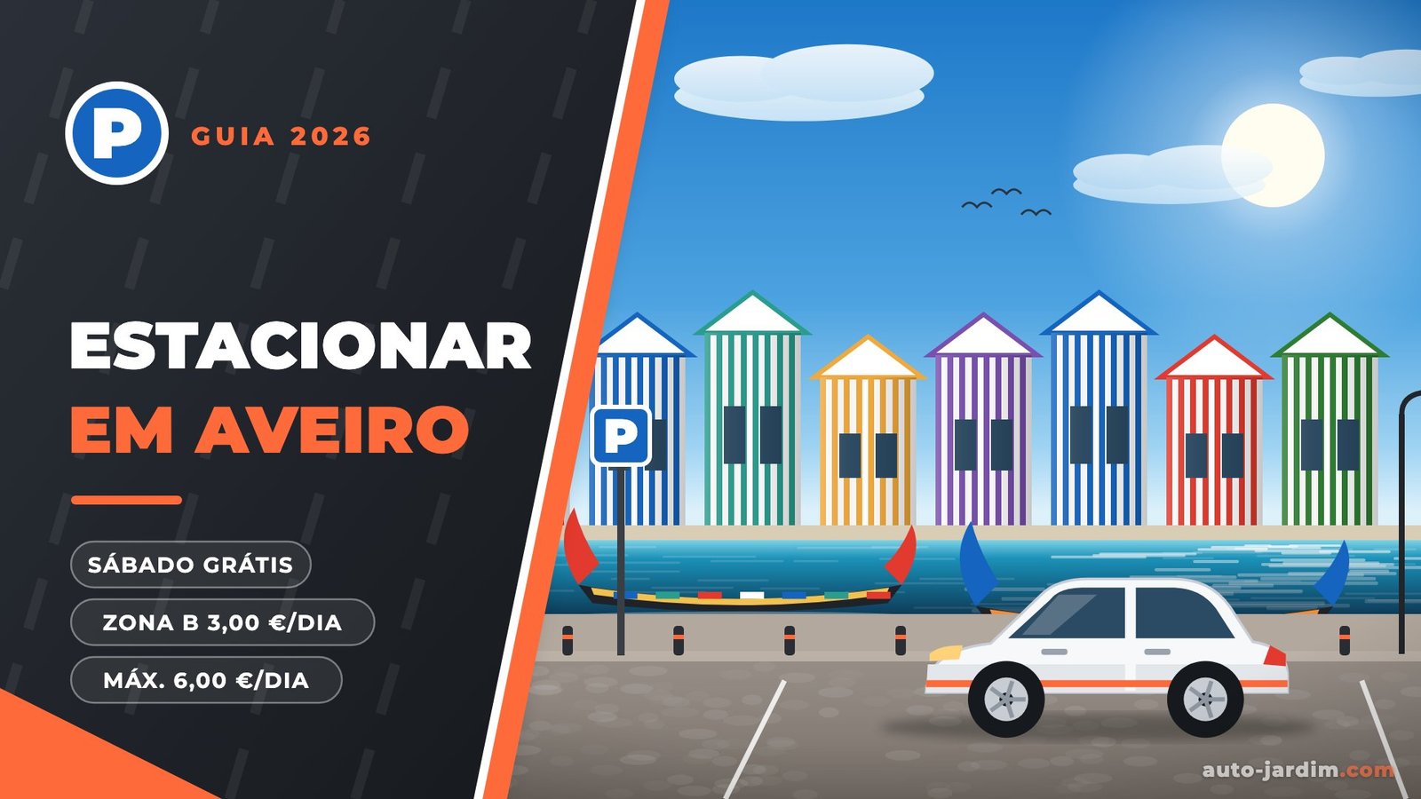 Ilustração de Aveiro com casas listradas da Costa Nova, moliceiros na Ria e um carro estacionado