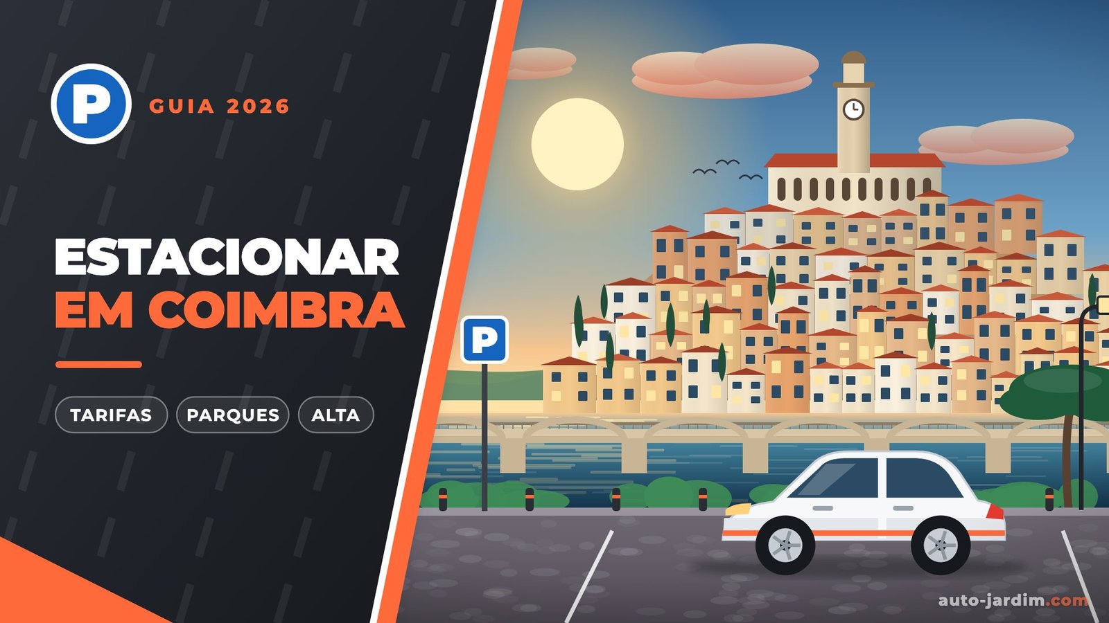 Estacionar em Coimbra: ilustração de um carro branco junto ao Mondego, com a Universidade ao fundo