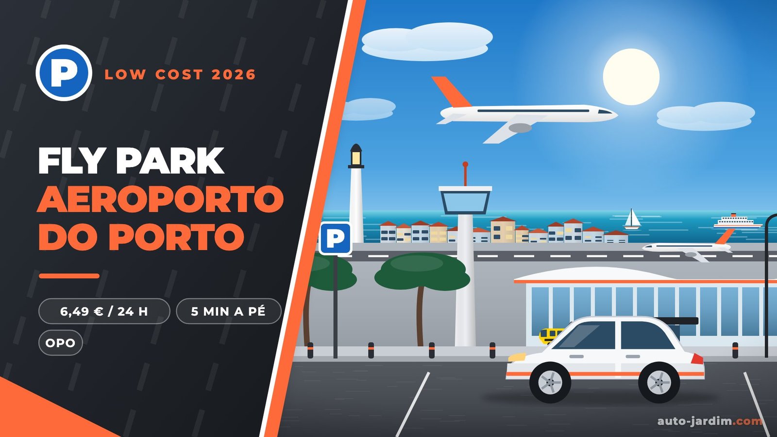Ilustração do Aeroporto do Porto com torre de controlo, terminal, avião a descolar e o Atlântico ao fundo
